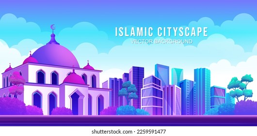Modern Islamic city panorama with bright colorful mosque, downtown buildings, office, apartment buildings illustration