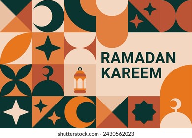 Modernes islamisches Design für Hintergrund, Cover, Banner oder Grußkarte. Trendiges Ramadan-Poster im geometrischen flachen Stil.