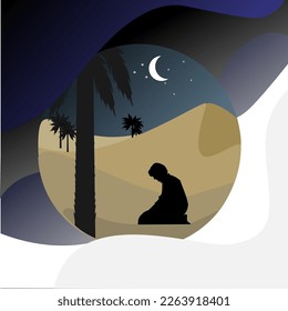  modern Islamic holiday banner, suitable for Ramadan, Eid al Adha and Mawlid. A lit up lantern and crescent moon decor on serene evening blue background.vector