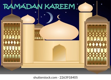  modern Islamic holiday banner, suitable for Ramadan, Eid al Adha and Mawlid. A lit up lantern and crescent moon decor on serene evening blue background.vector