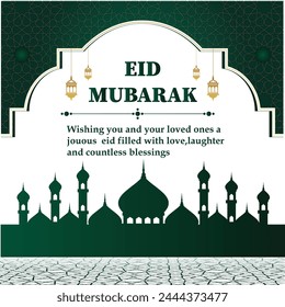 modern Islamic holiday banner template. Composition of a gold lantern and crescent moon decor hanging above circle water pond. Concept of faith and belief. Translation: Eid mubarak