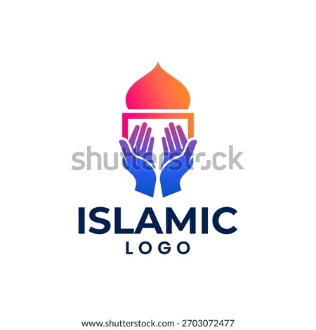 A modern Islamic logo featuring two praying hands and a mosque dome in vibrant gradient colors. Clean, minimal, and versatile vector design suitable for Islamic branding, apps, and community materials