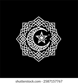 A modern Islamic logo with geometric interlocking shapes, crescent moon, and star. Designed for easy vector tracing with clean and balanced patterns.