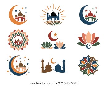 Modern Islamic logos featuring mosque silhouettes, crescent moons, stars, and colorful mandalas. Ideal for Ramadan branding, Eid greetings, and religious art projects.