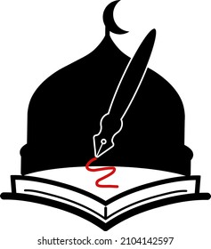 Diseño del logotipo de la moderna mezquita islámica y logotipo del Corán, logo de la pluma. Concepto de educación islámica.
