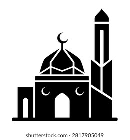 Modern Islamic mosque vector icon featuring geometric dome, crescent moon and contemporary minaret, ideal for Ramadan, Eid, Muslim religion, architecture, cultural and spiritual design projects.