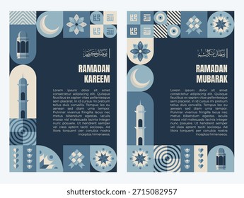 Afiche islámico moderno para Ramadán Kareem y Ramadán Mubarak. Cuenta con diseño geométrico plano, iconos de mezquita, luna creciente y elegante paleta de colores para eventos, saludos y promociones.