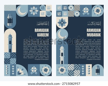 Modern Islamic poster set for Ramadan Kareem and Ramadan Mubarak. Features flat geometric design, mosque icons, crescent moon, and elegant color palette for events, greetings, and promotions.