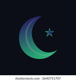 Modern Islamic-inspired crescent moon and star motif with a vibrant indigo-to-teal gradient. Perfect for cultural designs, Ramadan decorations, and elegant spiritual artwork.