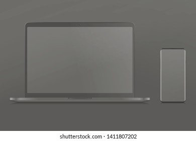 Modern isolated black notebook and smartphone with blank screen without bezels on the black background set