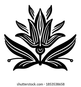Modern isolated black and white illustration design of lined silhouette of flower. Can be used for printing on paper, textiles, backgrounds, logos, tattoos, invitations.