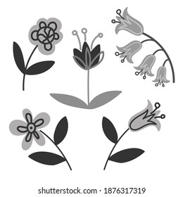 Moderno conjunto aislado en blanco y negro de ilustraciones diseño de flores de dibujos animados alineados. Se puede usar para imprimir en papel, textiles, fondos, logotipos, tatuajes, invitaciones.