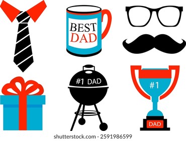 modern isolated blue black and orange elements father's day for man, gift mustache tie grill prize award, modern bright design for textile web decorations stickers