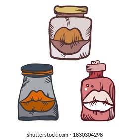 Modern isolated colorful vector design set of ornamental lips in test tubes in bright colors. The design is perfect for stickers, posters, t-shirts, logos, tattoos, textiles