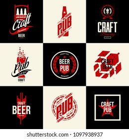 Modern isolated craft beer drink vector logo sign for bar, pub, brewery or brewhouse. Premium quality bottle, star and hop logotype tee print illustration. Brewing fest fashion emblem sign design set.