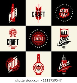 Modern isolated craft beer drink vector logo sign for bar, pub, brewery or brewhouse. Premium quality bottle, star and hop logotype tee print illustration. Brewing fest fashion emblem sign design set.