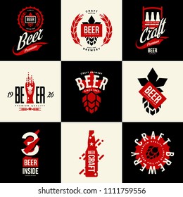 Modern isolated craft beer drink vector logo sign for bar, pub, brewery or brewhouse. Premium quality bottle cap and hop logotype tee print illustration. Brewing fest fashion emblem sign design set.