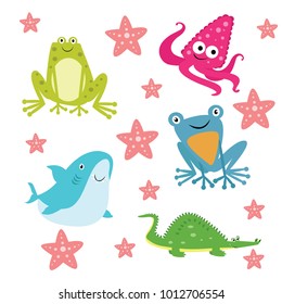 Modern isolated frog,squid,shark, toad, and crocodile cartoon illustration for kids. Suitable for drawing book,poster,apps, and children related illustration.