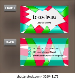 Modern, isolated, geometric, blue, green, pink, business card - front, back with pattern - simple rectangles, text, dark background