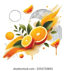 Modern isolated pattern illustration with fresh oranges, whole and sliced pieces, green leaves, watercolor splashes of orange, abstract shapes and lines, brush strokes on white vector bckground.