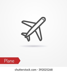 Modern isolated plane icon. Typical jet plane in line style with shadow. Silhouette plane flying, top view. Plane stock vector illustration.