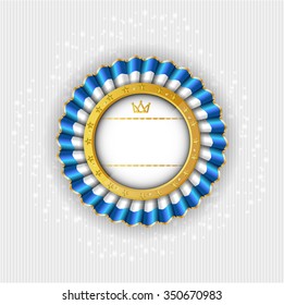 Modern, isolated rosette for diploma, flyer, certificate, web page, colors white, blue, golden shapes - stars and crown, on bright background 