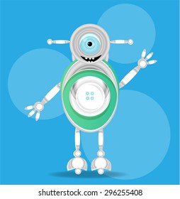 Modern, isolated, silver, green, smiling robot with one large, blue eye, blue background
