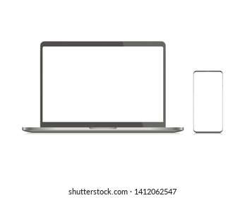 Modern isolated silver notebook and smartphone with blank screen without bezels on the white background set