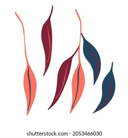 Modern isolated stylised design with abstract colorful eucalyptus leaves. The design is perfect for stickers, decorations, advertisements, product design, badges, cards
