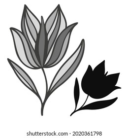 Modern isolated stylized set design with abstract black and white flowers. Can be used for printing on paper, textiles, backgrounds, wallpapers