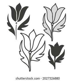 Modern isolated stylized set design with abstract black and white flowers. Can be used for printing on paper, textiles, backgrounds, wallpapers