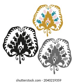 Modern isolated stylized set design with abstract set of black and white and colored flowers. Can be used for printing on paper, textiles, backgrounds, wallpapers