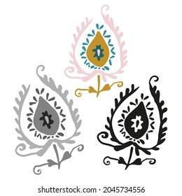 Modern isolated stylized set design with abstract set of black and white and colored flowers. Can be used for printing on paper, textiles, backgrounds, wallpapers