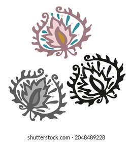 Modern isolated stylized set design with abstract set of black and white and colored flowers. Can be used for printing on paper, textiles, backgrounds, wallpapers