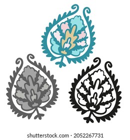 Modern isolated stylized set design with abstract set of black and white and colored flowers. Can be used for printing on paper, textiles, backgrounds, wallpapers
