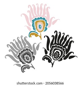 Modern isolated stylized set design with abstract set of black and white and colored flowers. Can be used for printing on paper, textiles, backgrounds, wallpapers