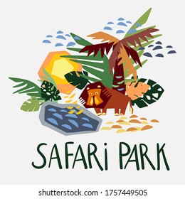 Modern isolated vector design tropical decorative cartoon safari island with a lion and palm tree. Colorful safari park. Perfect for cards, postcards, advertisements, stickers, badges.