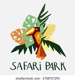 Modern isolated vector design tropical decorative cartoon safari island with a toucan and palm tree. Colorful safari park. Perfect for cards, postcards, advertisements, stickers, badges.