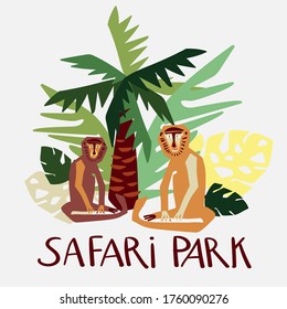 Moderno diseño vectorial aislado diseño tropical decorativo de dibujos de safari parque con macacos. Monos coloridos sentados, palmeras y hojas. Perfecto para tarjetas, postales, anuncios, pegatinas, insignias