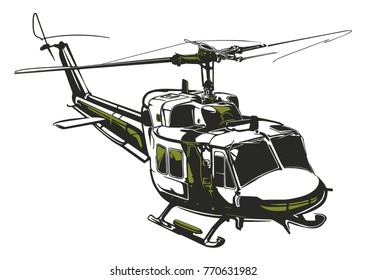 Modern isolated vector illustration helicopter on white background in dark gray and army green colors.