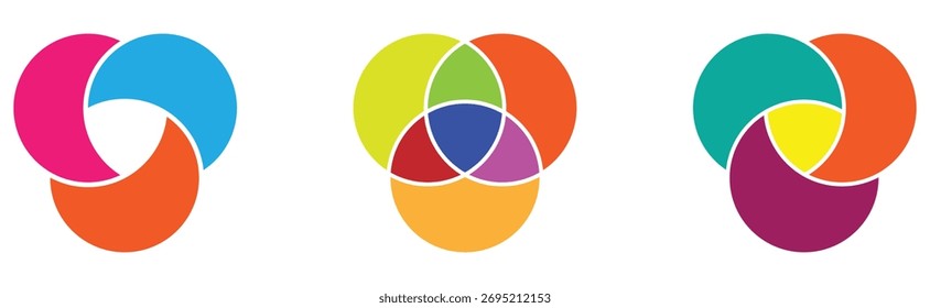 Iconos aislados modernos del diagrama de Venn del Vector fijados en el fondo blanco. Iconos aislados del diagrama gráfico del círculo en la página blanca. Conjuntos de diagrama de Venn en página blanca. EPS 10. 