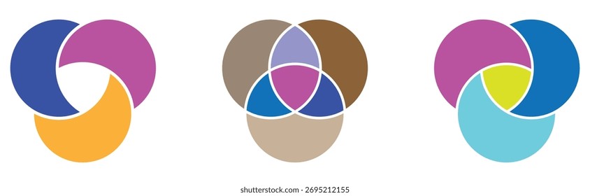 ícones de diagrama de vetor isolado moderno definidos no fundo branco. Ícones isolados de diagrama de círculo gráfico em página branca. O diagrama de Venn é definido em uma página branca. EPS 10. 