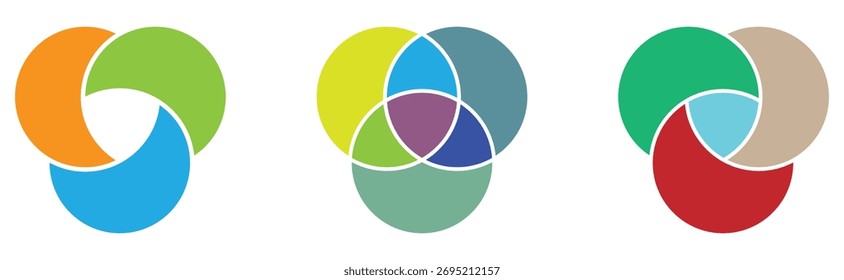 Iconos aislados modernos del diagrama de Venn del Vector fijados en el fondo blanco. Iconos aislados del diagrama gráfico del círculo en la página blanca. Conjuntos de diagrama de Venn en página blanca. EPS 10. 