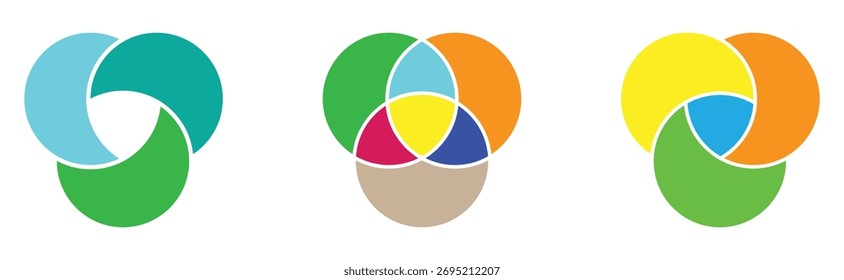 Modern isolated vector venn diagram icons set on white background. Isolated graphical circle diagram icons on white page. Venn diagram sets on white page.