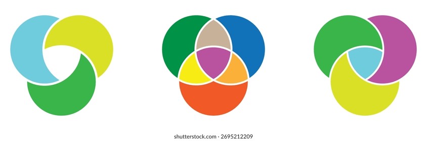 Iconos aislados modernos del diagrama de Venn del Vector fijados en el fondo blanco. Iconos aislados del diagrama gráfico del círculo en la página blanca. Conjuntos de diagrama de Venn en página blanca.