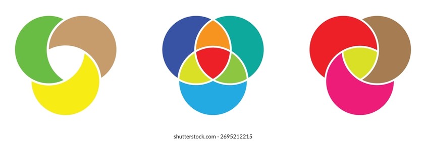 Iconos aislados modernos del diagrama de Venn del Vector fijados en el fondo blanco. Iconos aislados del diagrama gráfico del círculo en la página blanca. Conjuntos de diagrama de Venn en página blanca.