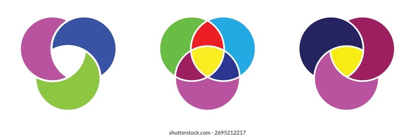 Iconos aislados modernos del diagrama de Venn del Vector fijados en el fondo blanco. Iconos aislados del diagrama gráfico del círculo en la página blanca. Conjuntos de diagrama de Venn en página blanca.