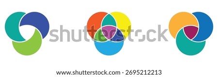 Modern isolated vector venn diagram icons set on white background. Isolated graphical circle diagram icons on white page. Venn diagram sets on white page.