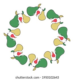 Modern isolated vector vignette with abstract fruits colorful red pears in circle. Can be used for printing on paper, stickers, badges, bijouterie, cards, textiles.
