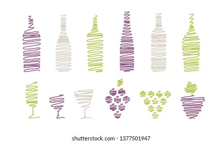 Modern isolated vector wine icon set  - 6 bottles, 3 glasses, 3 bunch of grapes - red and white and green - for wine shop, winery, wine house etc.